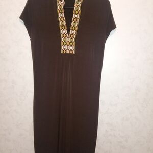 Michael Kors Brown Maxi Dress with Patterned Neckline, Size M